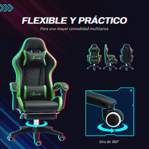 Silla Gaming Ergonómica Reclinable 135°, Silla Gamer Racing de Cuero PU con Soporte Lumbar, Altura Ajustable, Reposacabezas y Reposapiés Retráctil, para Oficina, Estudio, Negro y Verde