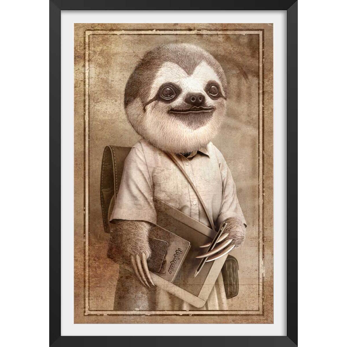 Affiche enfant paresseux étudiant  Affiche + cadre en bois - Noir