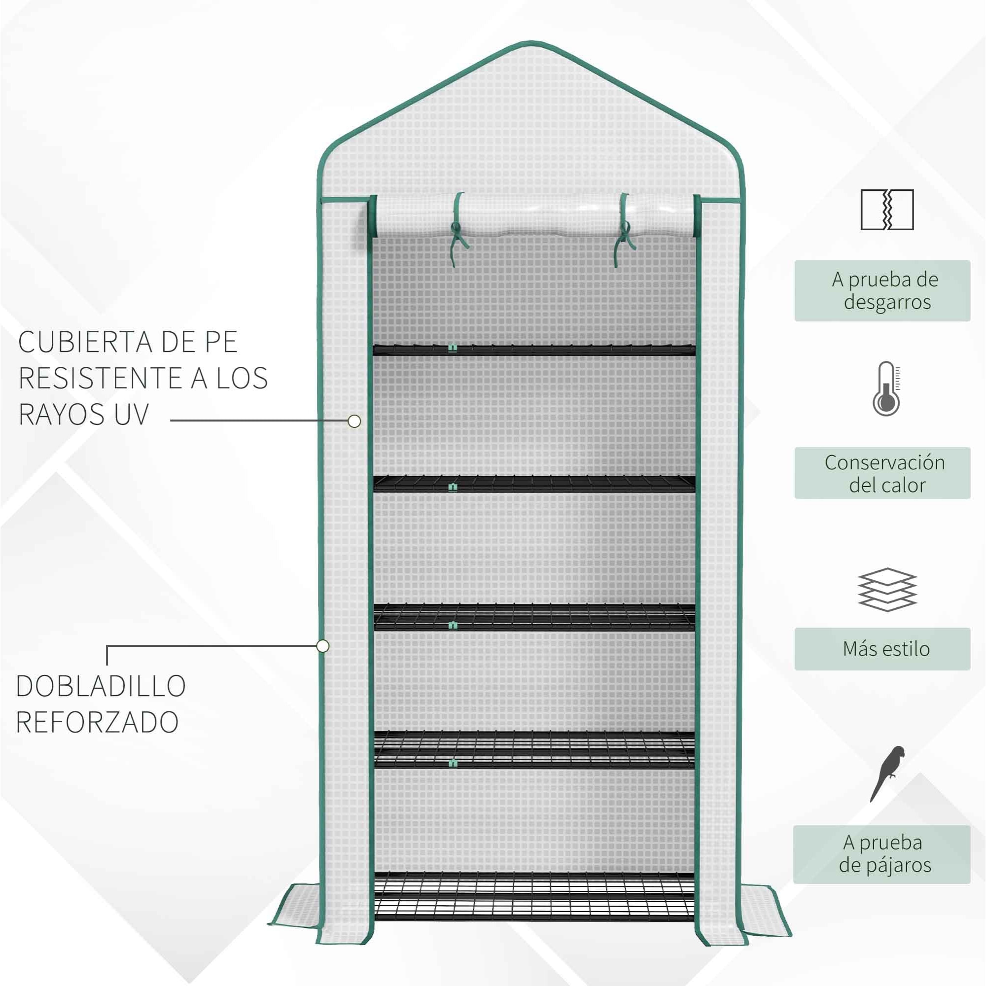 Invernadero de Jardín de 5 Niveles Invernadero Pequeño Exterior con Puerta Enrollable con Cremallera Anti-UV Diseño Ensanchado y Estantes para Cultivo de Plantas Flores 90x49x193 cm Blanco