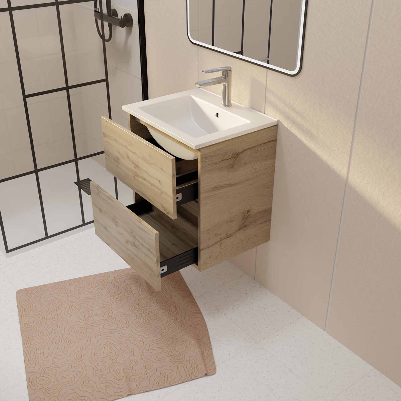 Meuble de Salle de Bains 50cm TIMBER - Tiroirs Décor Chêne, Vasque Blanche et Miroir Cadre Noir