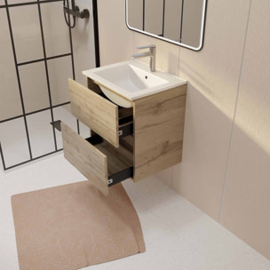 Meuble de Salle de Bains 50cm TIMBER - Tiroirs Décor Chêne, Vasque Blanche et Miroir Cadre Noir
