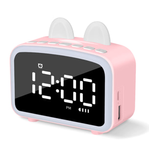 Reloj despertador LCD con altavoz incorporado, soporte de smartphone. Batería recargable.