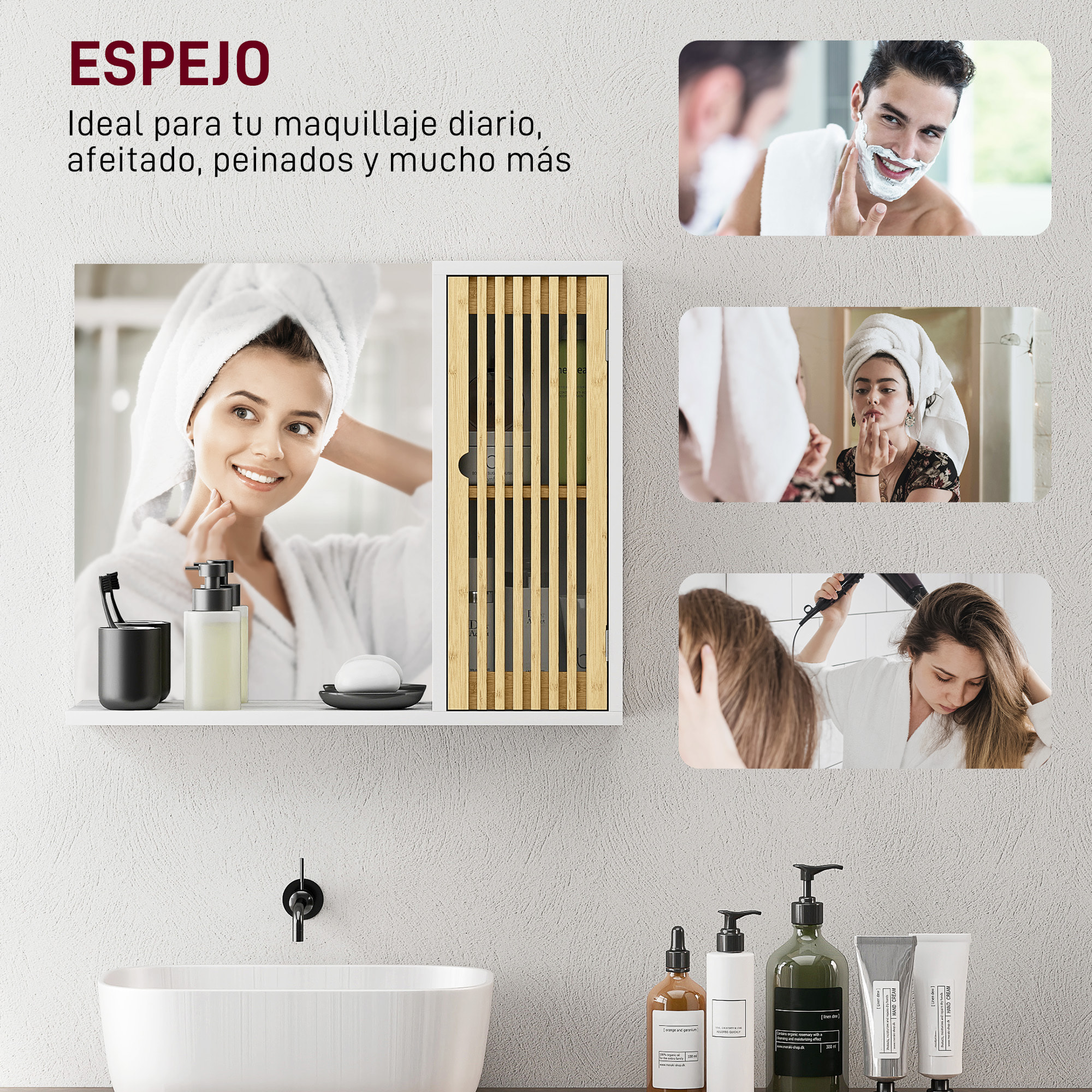 Espejo de Baño 60x50 cm, Espejo de Pared con Puerta de Listones de Bambú, Estantes de Almacenaje, Blanco y Natural