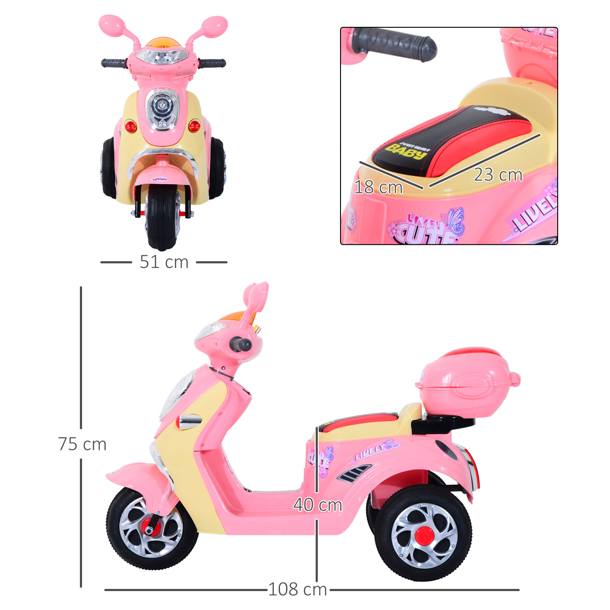 HOMCOM Moto scooter électrique pour enfants 6 V env. 3 Km/h 3 roues et topcase effet lumineux et sonore rose