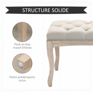 Banc banquette capitonnée style classique chic dim. 110L x 40l x 48H cm piètement bois hévéa sculpté lin beige