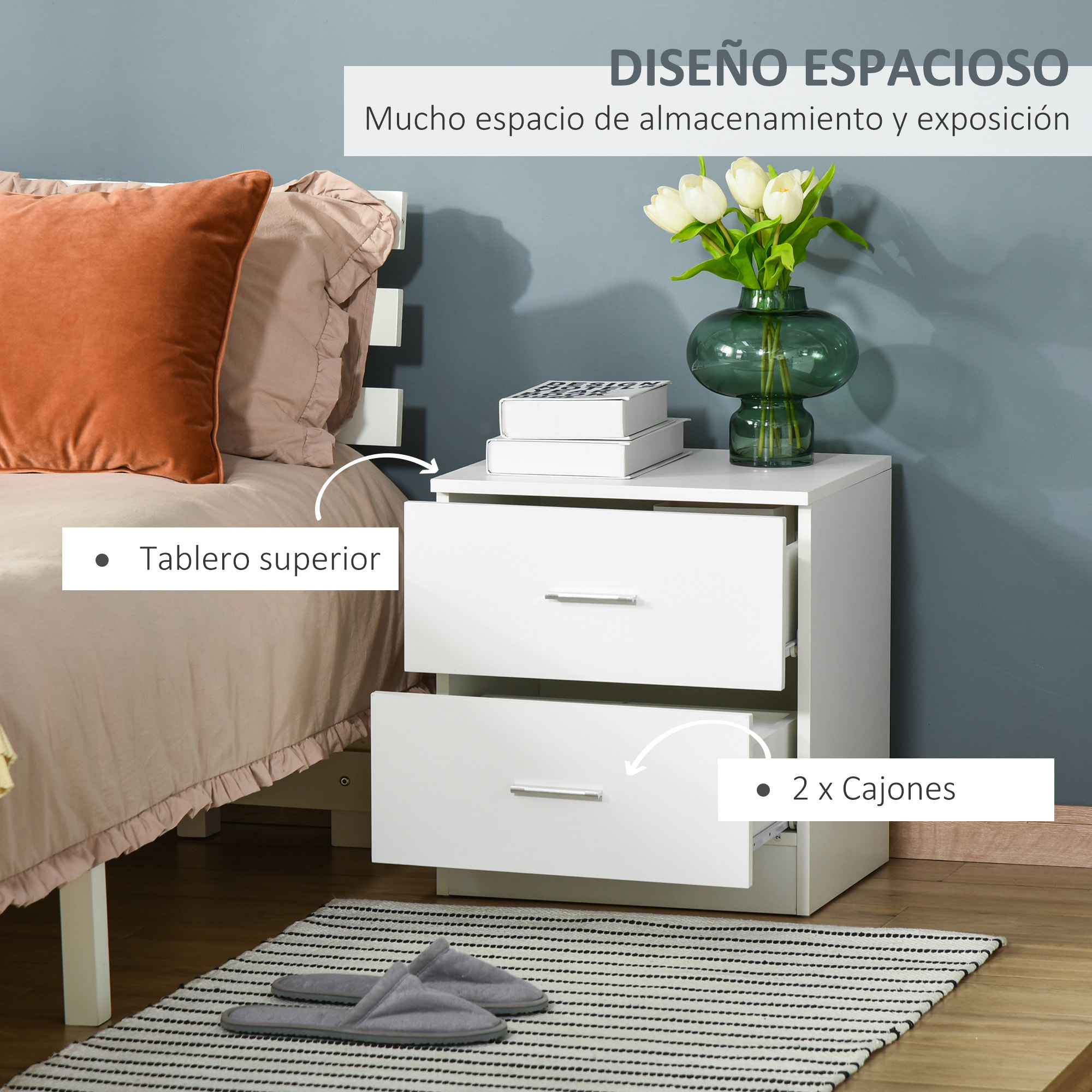HOMCOM Mesita de Noche Moderna Mesilla de Noche con 2 Cajones Mesita Auxiliar para Salón Dormitorio Carga 30 kg 45x39,5x49 cm Blanco