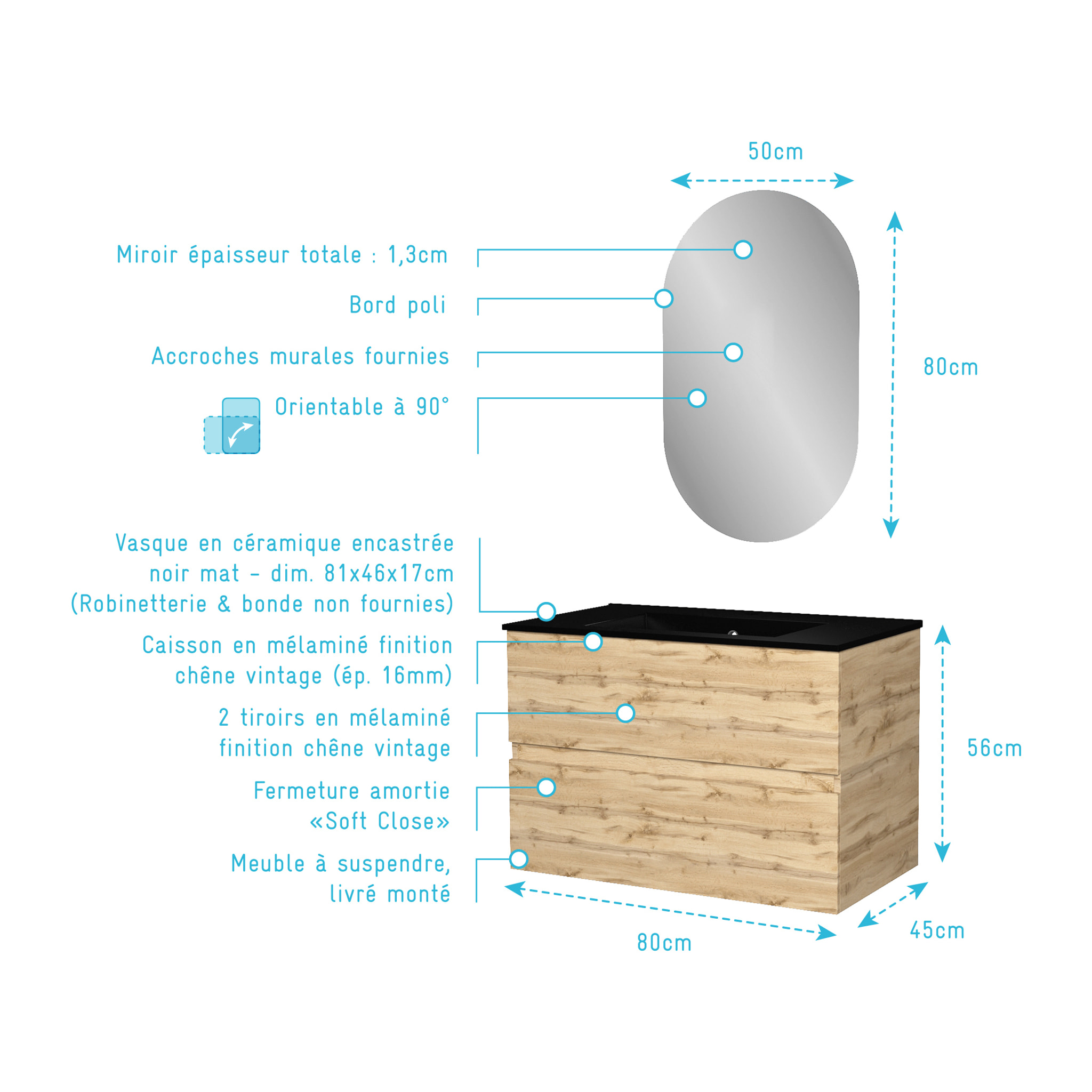 Meuble Salle de Bains 80cm 2 Tiroirs Chêne Naturel + Vasque Noire et Miroir Ovale