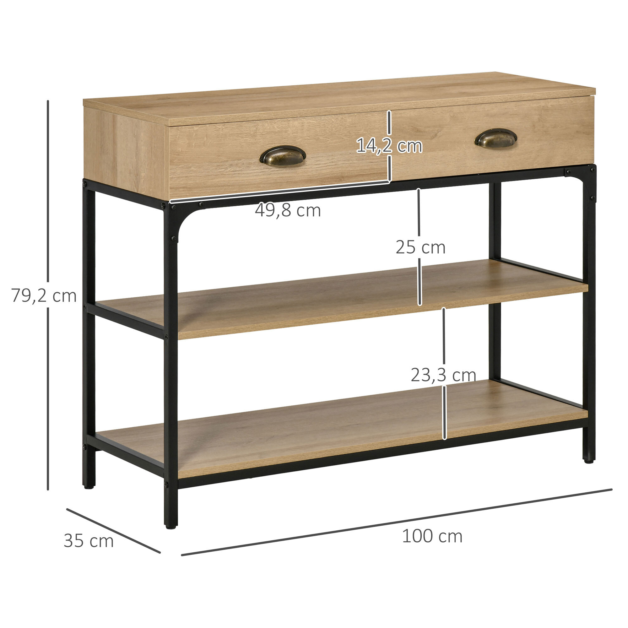 Mesa Consola Mesa de Entrada con 2 Cajones y 2 Estantes de Almacenamiento Marco de Acero Mueble Recibidor para Pasillo Salón 100x35x79,2 cm Roble