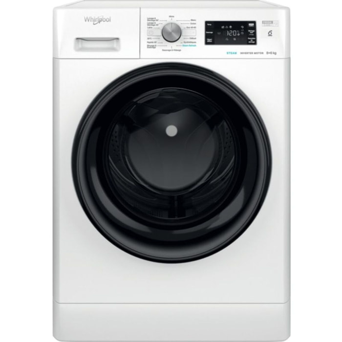 Lave linge séchant hublot WHIRLPOOL FFWDB864489BVFR - 8/6 kg - 1400 tr/min - Classe C - Moteur induction