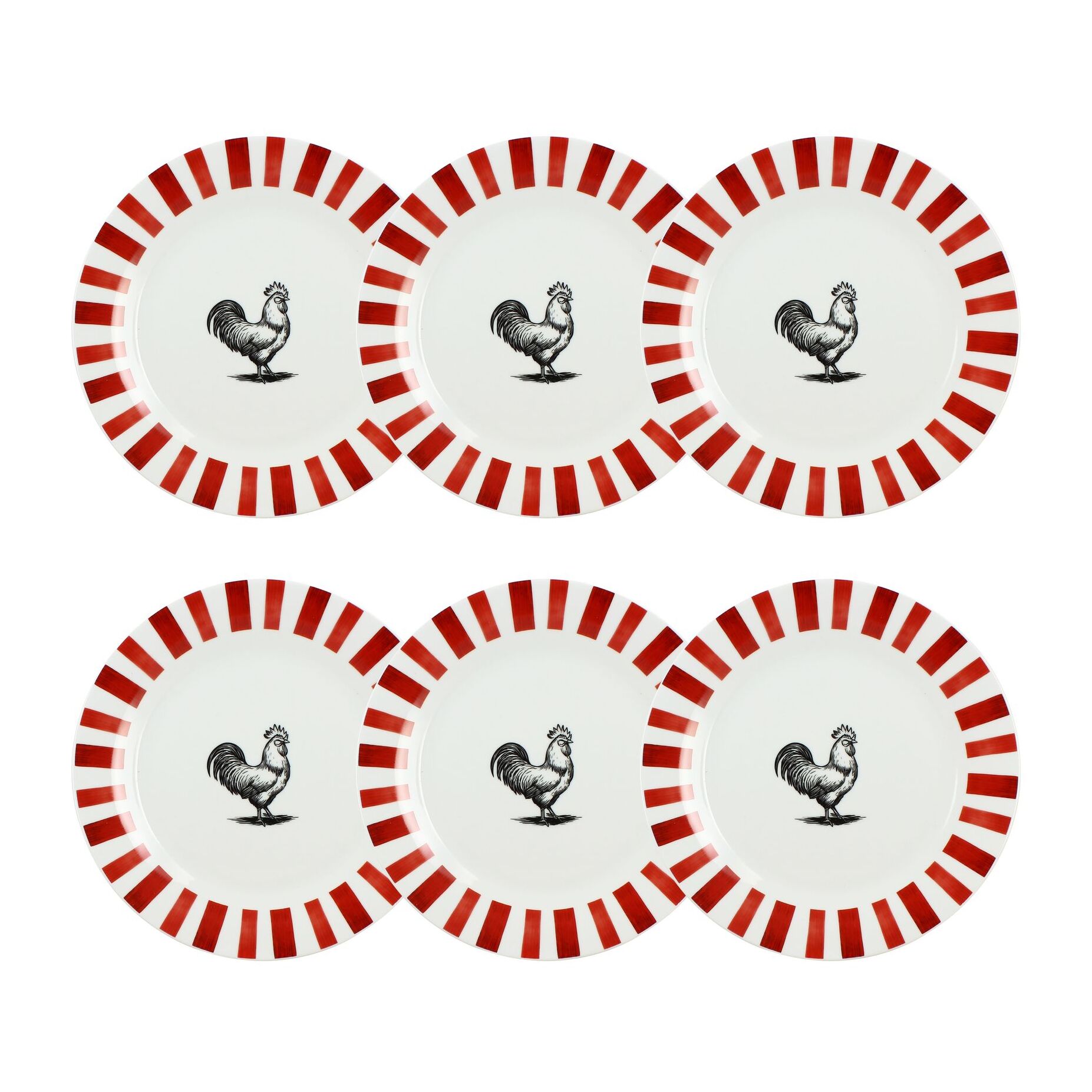 Lot de 6 assiettes plates 26,5cm en porcelaine rouge et blanc COCORICO