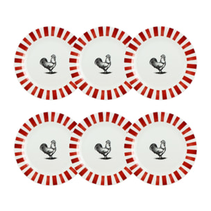 Lot de 6 assiettes plates 26,5cm en porcelaine rouge et blanc COCORICO