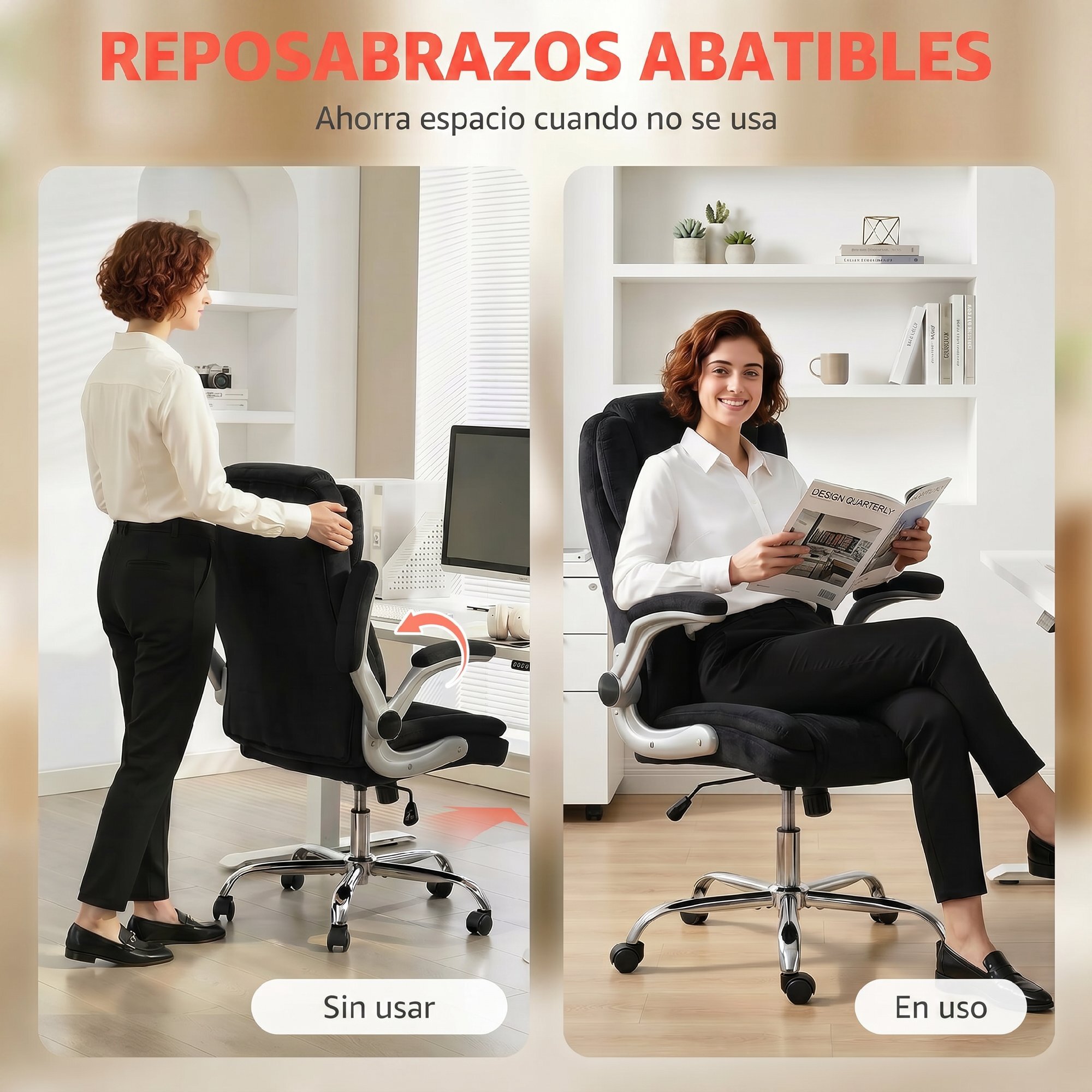 Silla de escritorio Ergonómica, Silla de Oficina con Respaldo Alto, Reposabrazos Abatibles, Asiento con Muelles, Altura Ajustable, Función Basculante, Tapizado en Terciopelo, Negro