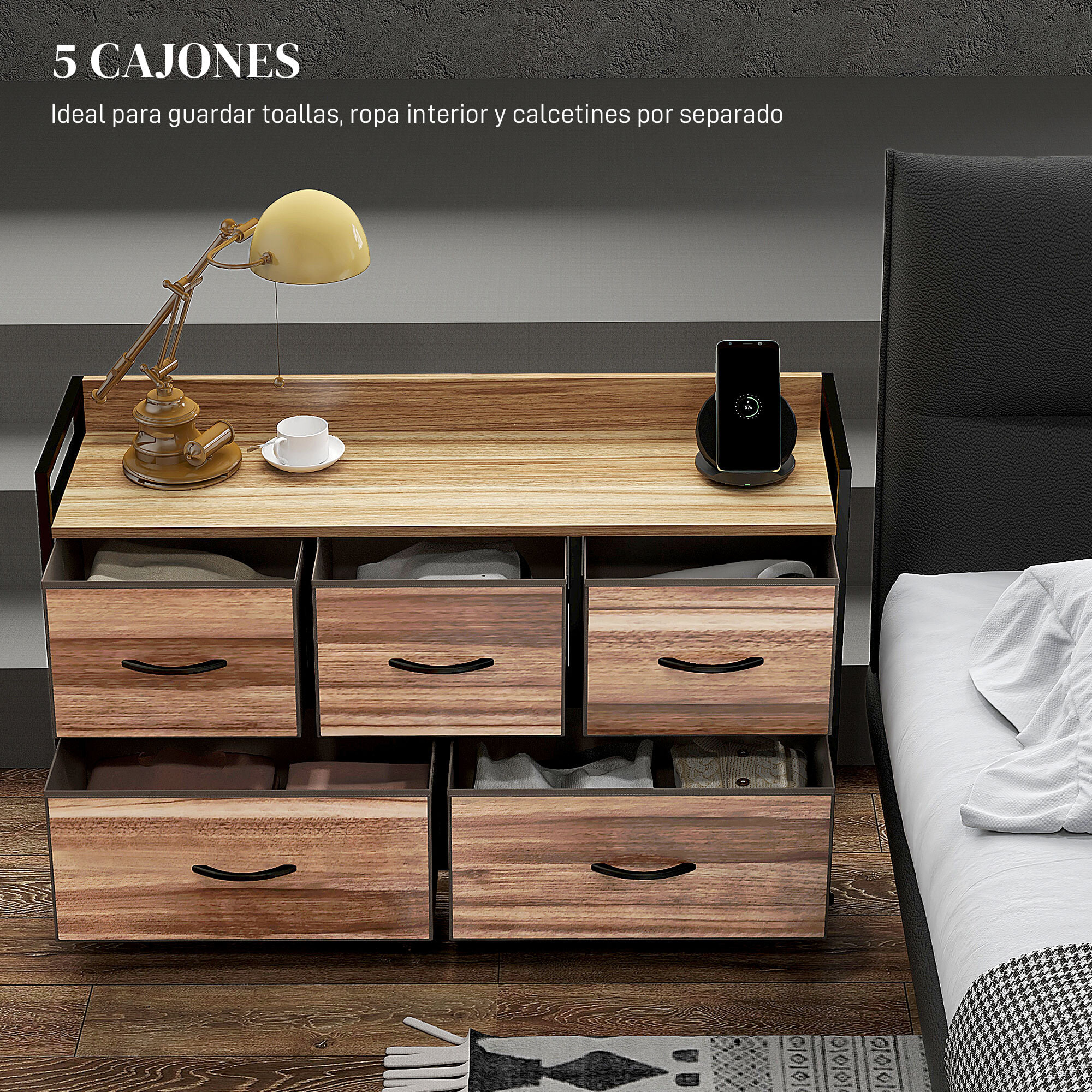 Mueble Organizador Cajonera de Tela con 5 Cajones y Marco Metálico Estilo Industrial para Salón Recibidor Dormitorio 98x29x63 cm Roble
