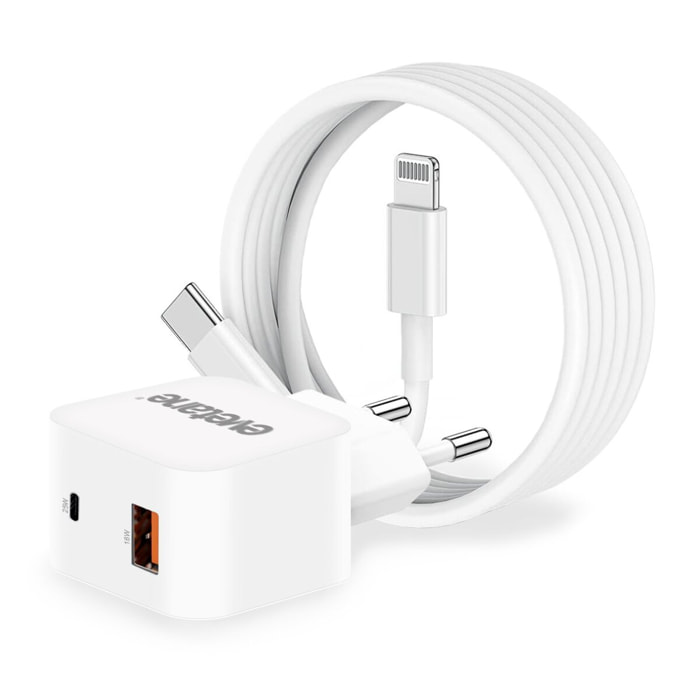 Chargeur blanc pour iPhone Ultra-rapide 25W USB-C + Câble 2M USB C/Lightning (MFi)