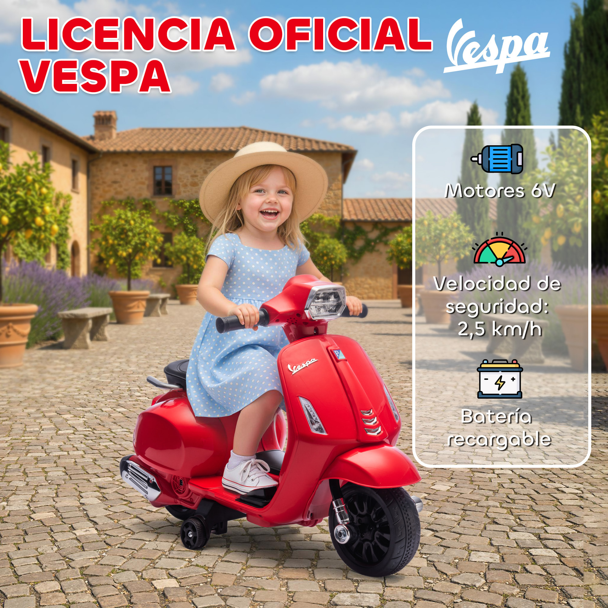 Moto Eléctrica para Niños 6V con Licencia Vespa, Moto Eléctrica Infantil con Ruedas Auxiliares de 6,9'', Velocidad de 2,5km/h, Faro y Bocina, para Niños de 2-6 Años, Rojo