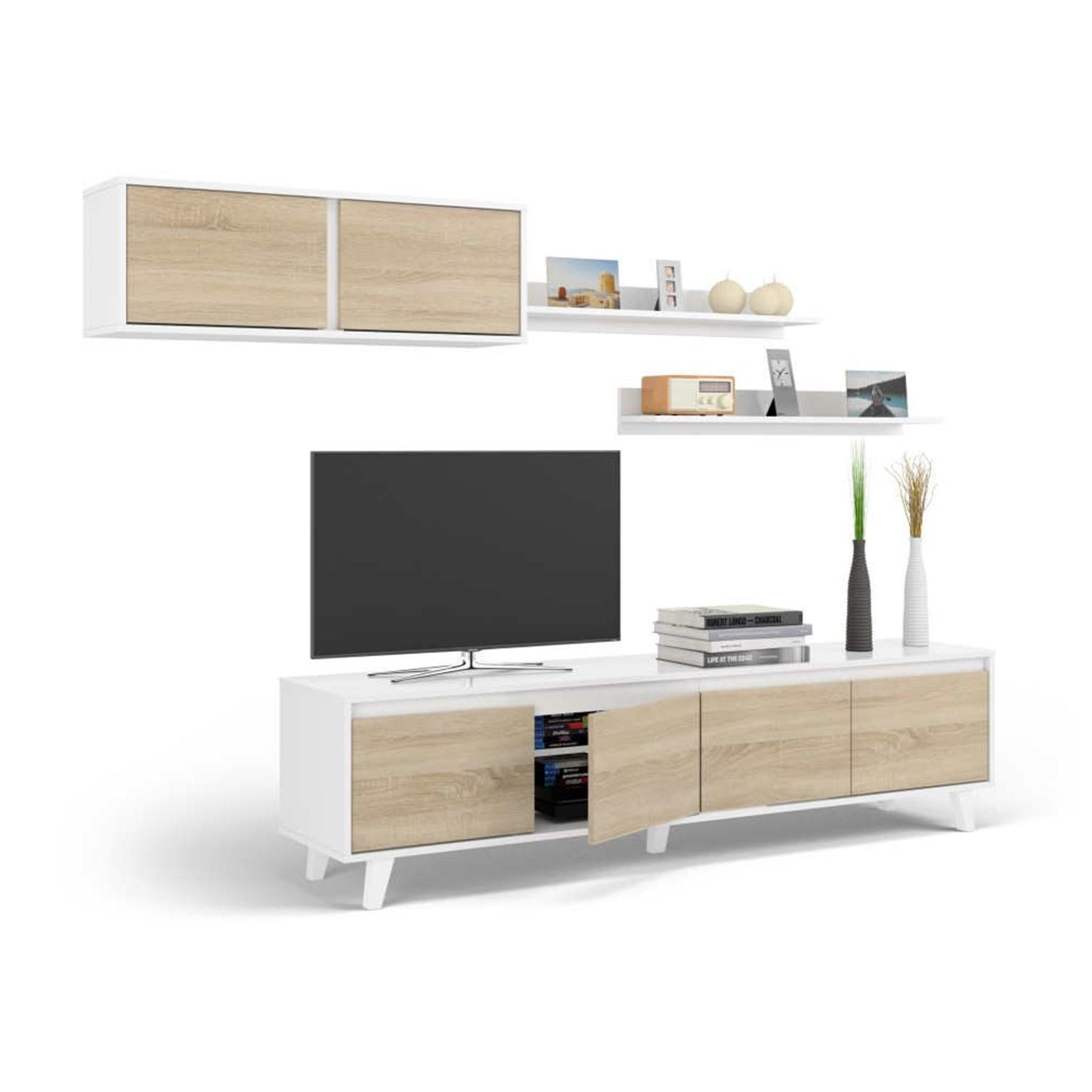 Parete attrezzata Orlando, Mobile da soggiorno porta TV, Composizione per salotto con pensile e mensola, cm 200x50h41, Bianco e Rovere