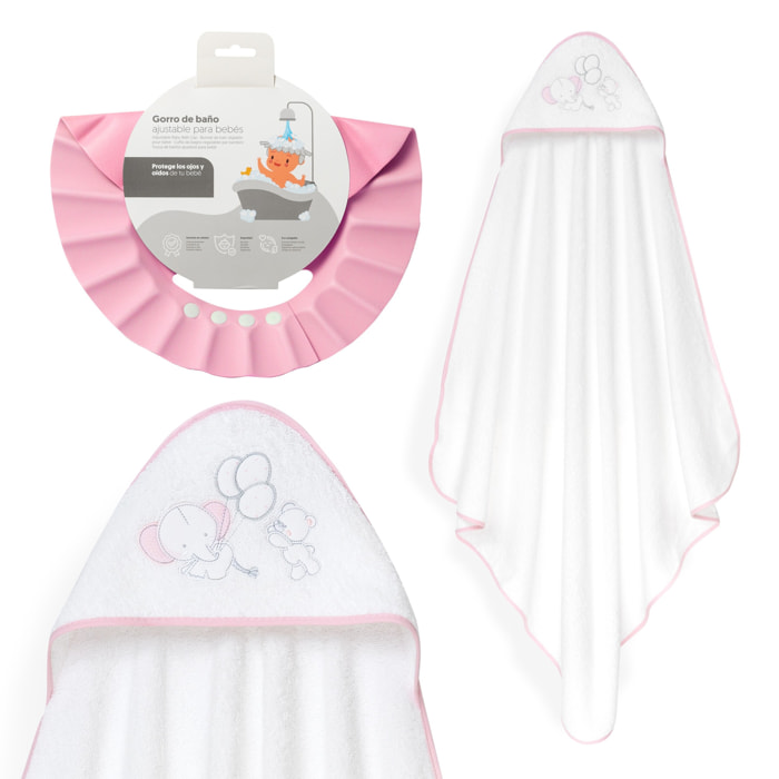 Capa Baño 1X1 Mod Oso Elefante Globos+Gorro Bco/Rosa