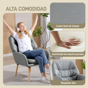 Sillón de Salón Moderno, Butaca de Salón, Acolchado de Doble Capa, Tapizado en Cuero Sintético, Patas de Madera, Sillón de Lectura para Dormitorio, Oficina, Estudio, 68x74x89 cm, Gris