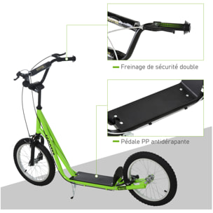 Trottinette patinette pour enfants à partir de 5 ans grands pneus guidon réglable poignée frein et béquille acier vert