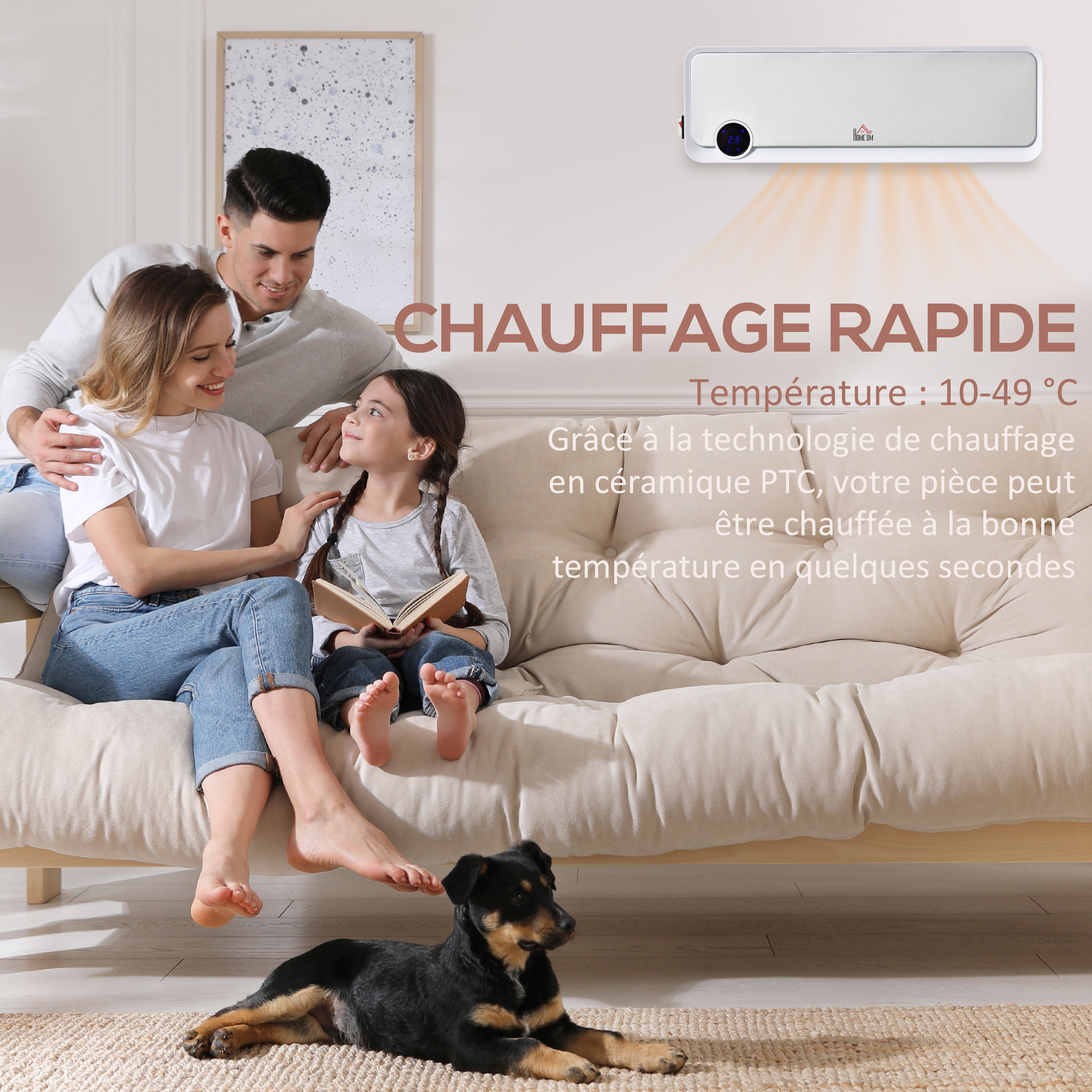 Radiateur mural soufflant oscillant 2000 W - chauffage céramique PTC - 3 niveaux de puissance - télécommande incluse blanc argenté