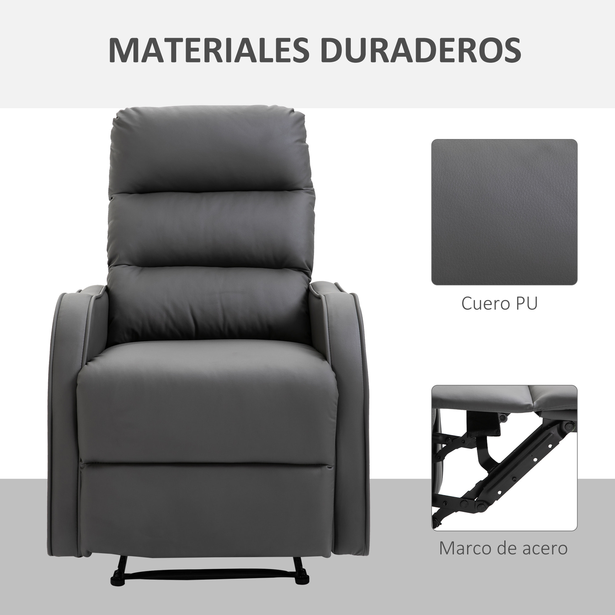 Manual Sofá Reclinable de Cuero de PU 65x89x100cm Gris