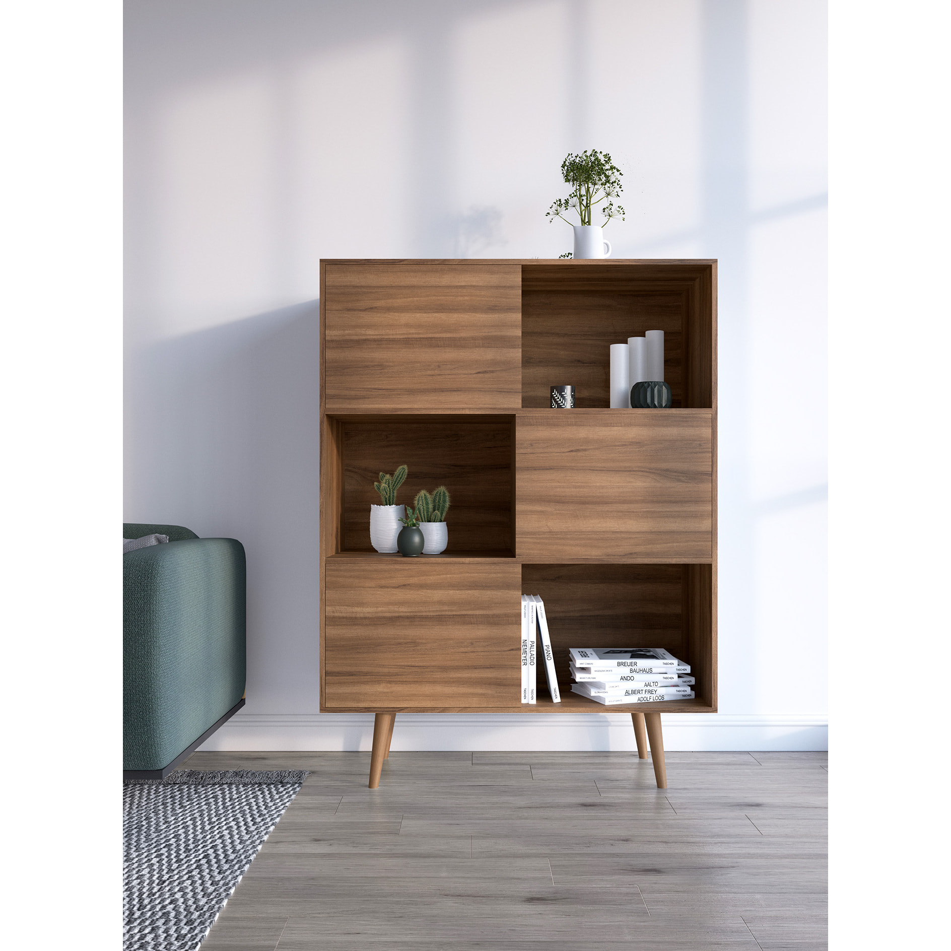 Estantería librería Nordic melamina nogal-blanco 131x100x30 cm