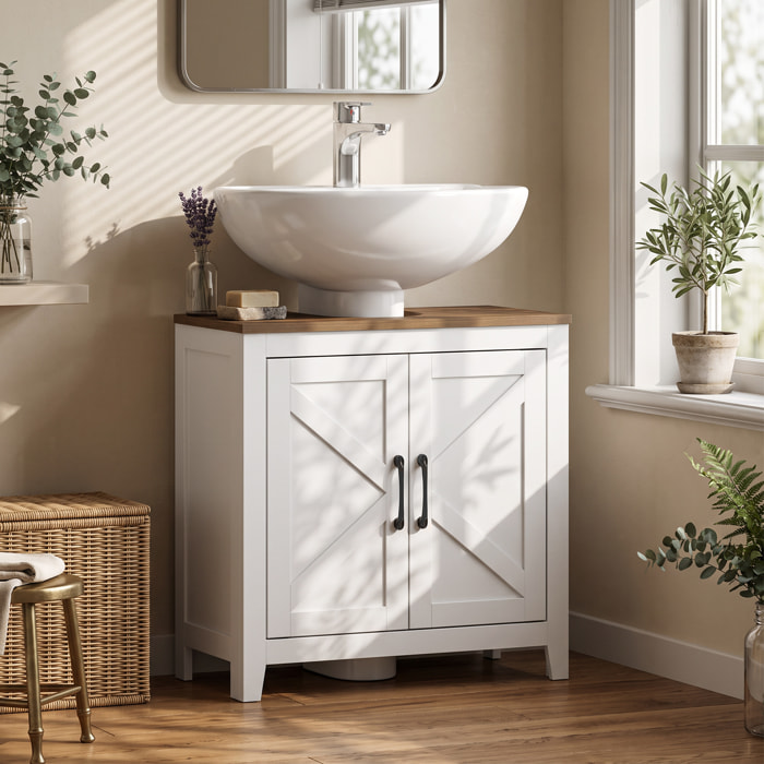 HOMCOM Mueble Bajo Lavabo, Mueble de Baño con Estante Ajustable, 2 Puertas Tipo Granero y Recorte en U, Estilo Rústico, para Lavabo con o sin Pedestal, 60x30x61,3 cm, Blanco y Nogal