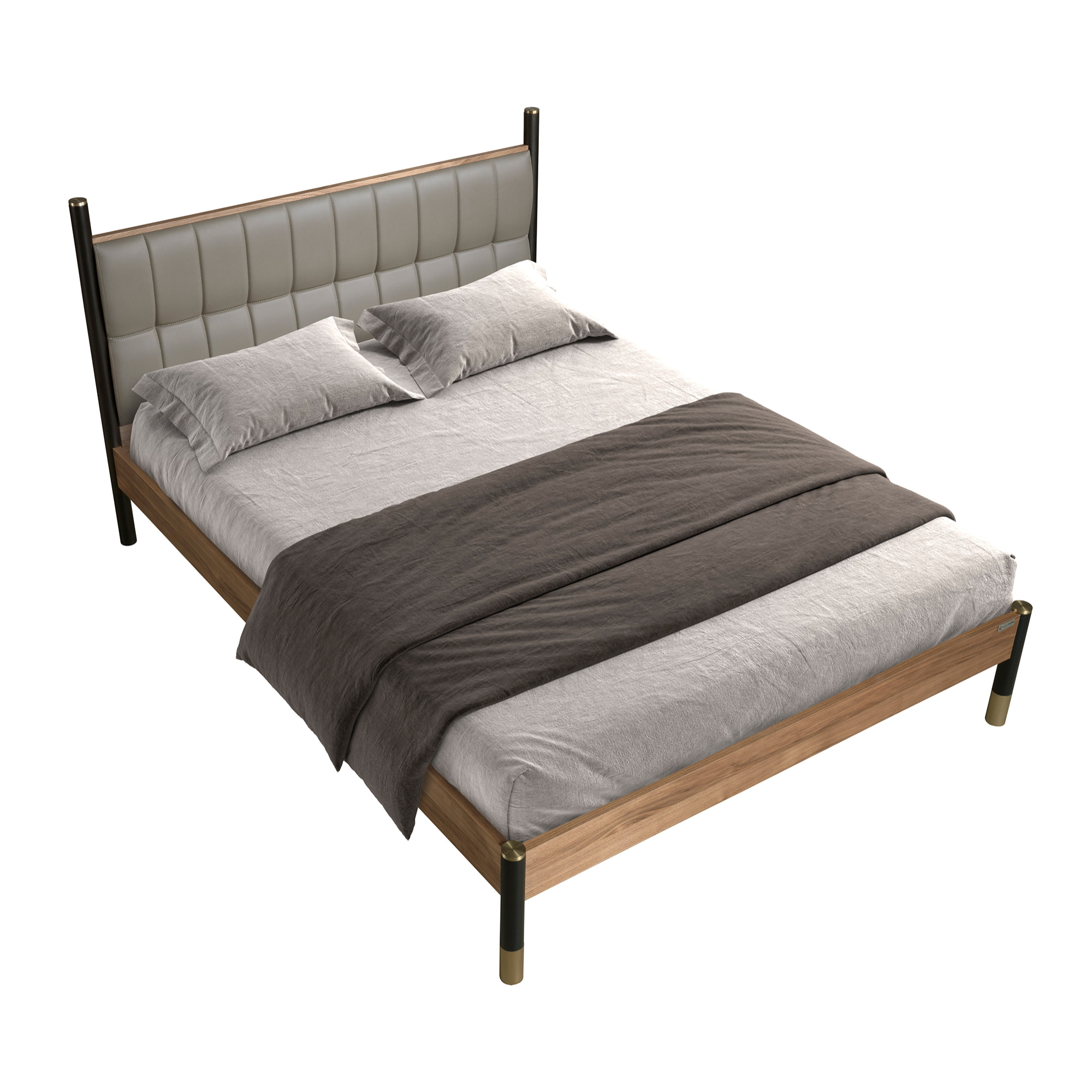 Cama Angel Cerdá de matrimonio con un cabecero en polipiel en gris oscuro y estructura de madera chapada en nogal natural y patas de madera de MDF en negro 160x215x112cm