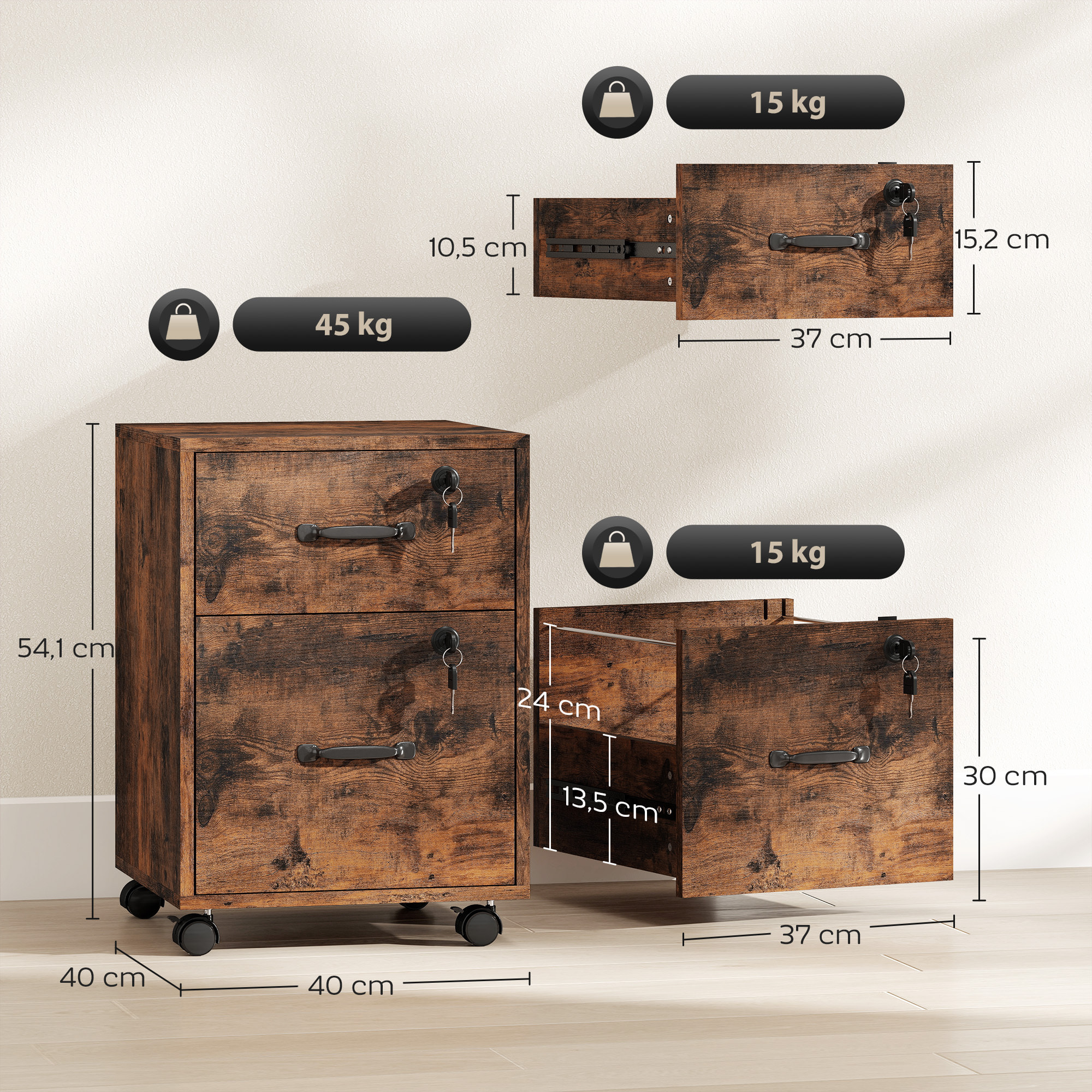 Caisson bureau verrouillable mobile 2 tiroirs coulissants trieur dossiers effet bois