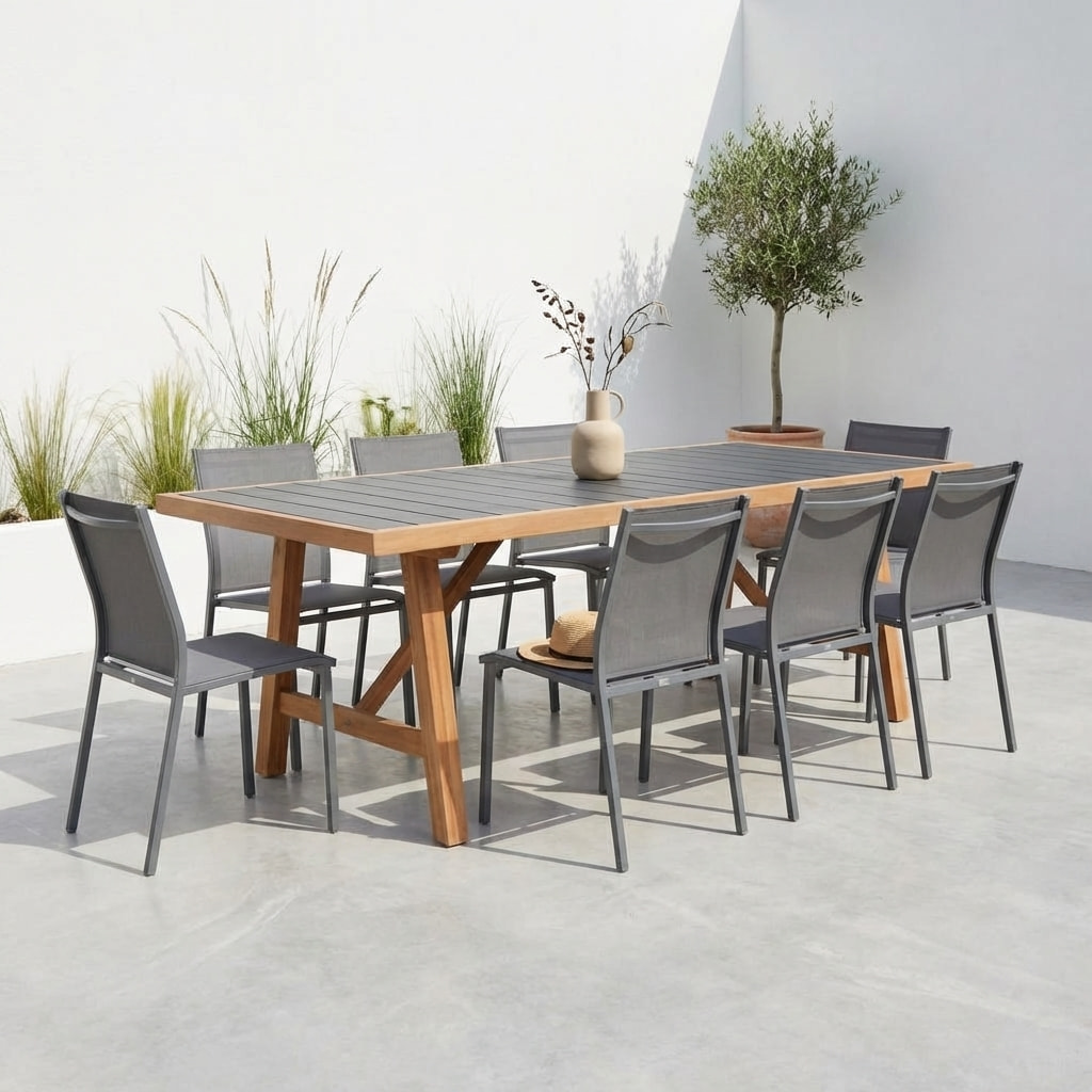 Table de jardin bois d'acacia et aluminium + 8 assises ELDORA + BUFFALO