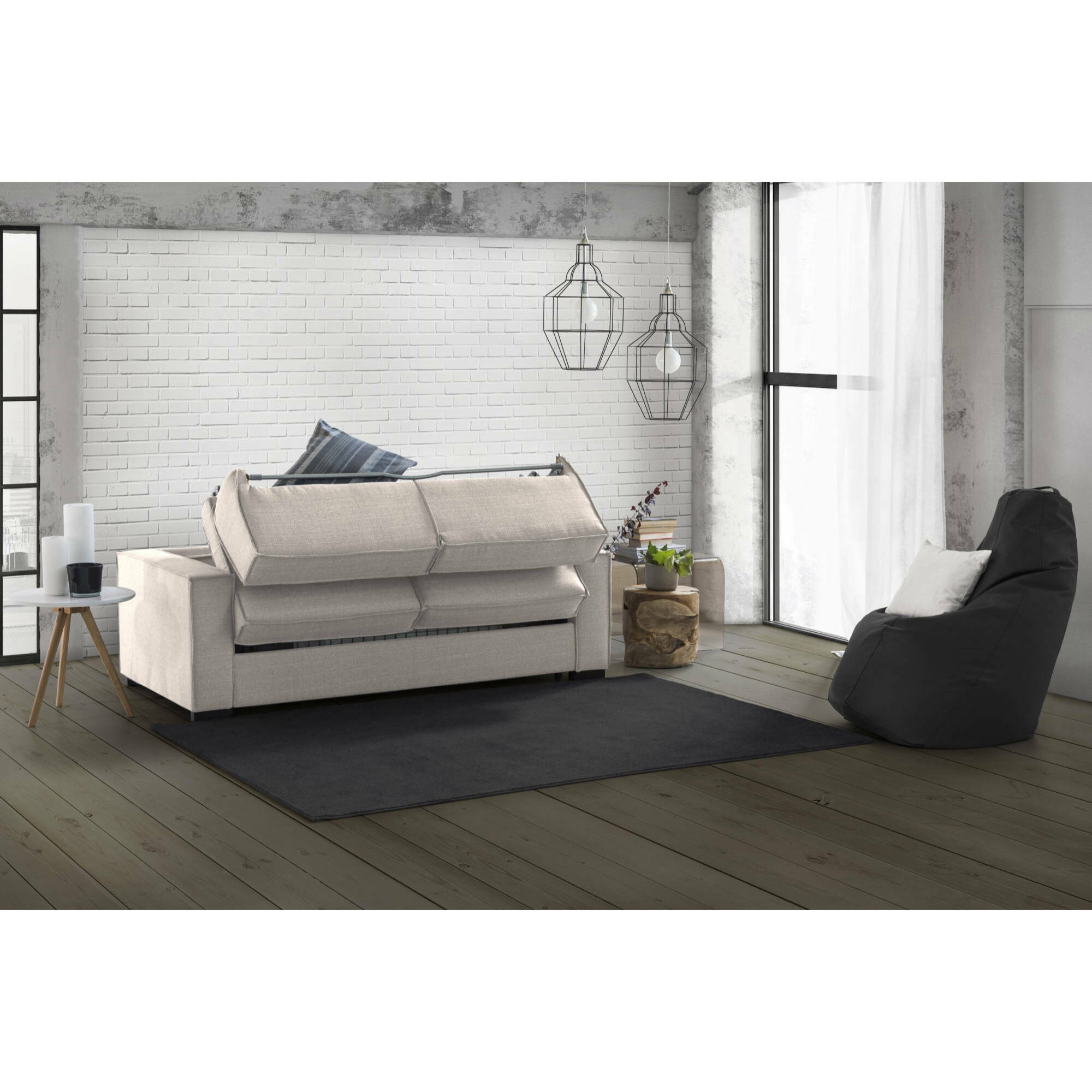 Divano letto 3 posti Asteroide, Sofà Soggiorno apertura girevole, Tessuto imbottito, Braccioli standard, 100% Made in Italy, Cm 220x95h90, Tortora