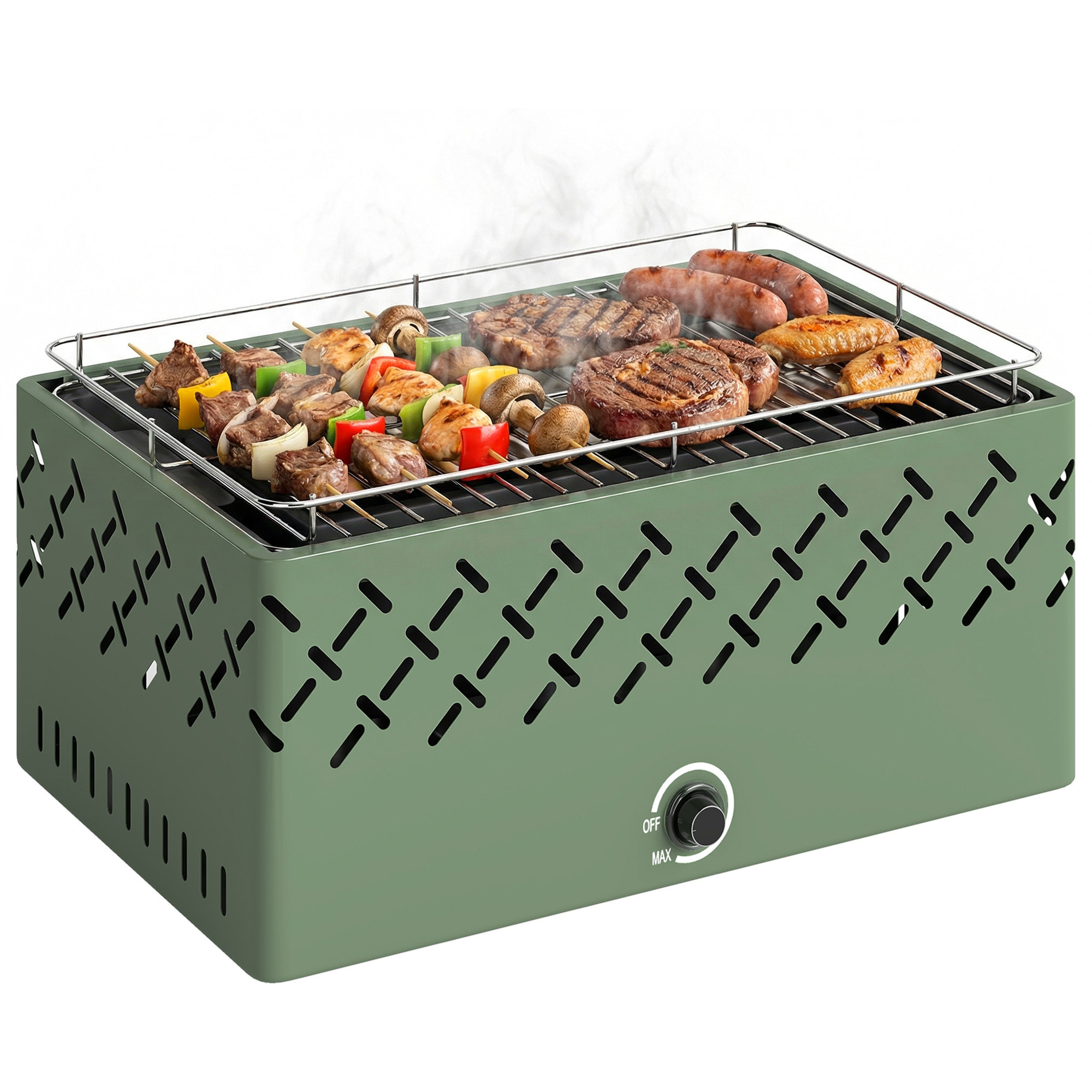 Barbacoa de Carbón, Barbacoa Portátil, 45,5x29x21 cm, con Ventilador Integrado, Temperatura Ajustable y Bandeja de Carbón, para Camping, Picnic, Fiesta en Jardín, Verde Claro