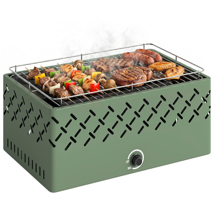 Barbacoa de Carbón, Barbacoa Portátil, 45,5x29x21 cm, con Ventilador Integrado, Temperatura Ajustable y Bandeja de Carbón, para Camping, Picnic, Fiesta en Jardín, Verde Claro