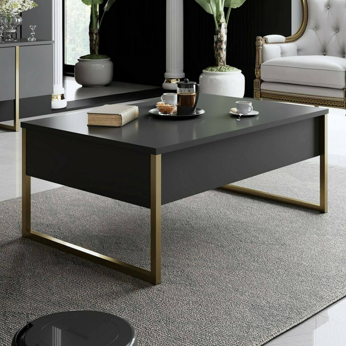 Tavolino da salotto Lavinia, Tavolo basso da caffè, Portariviste per divano, Ripiano da soggiorno, 90x60h40 cm, Antracite e Oro