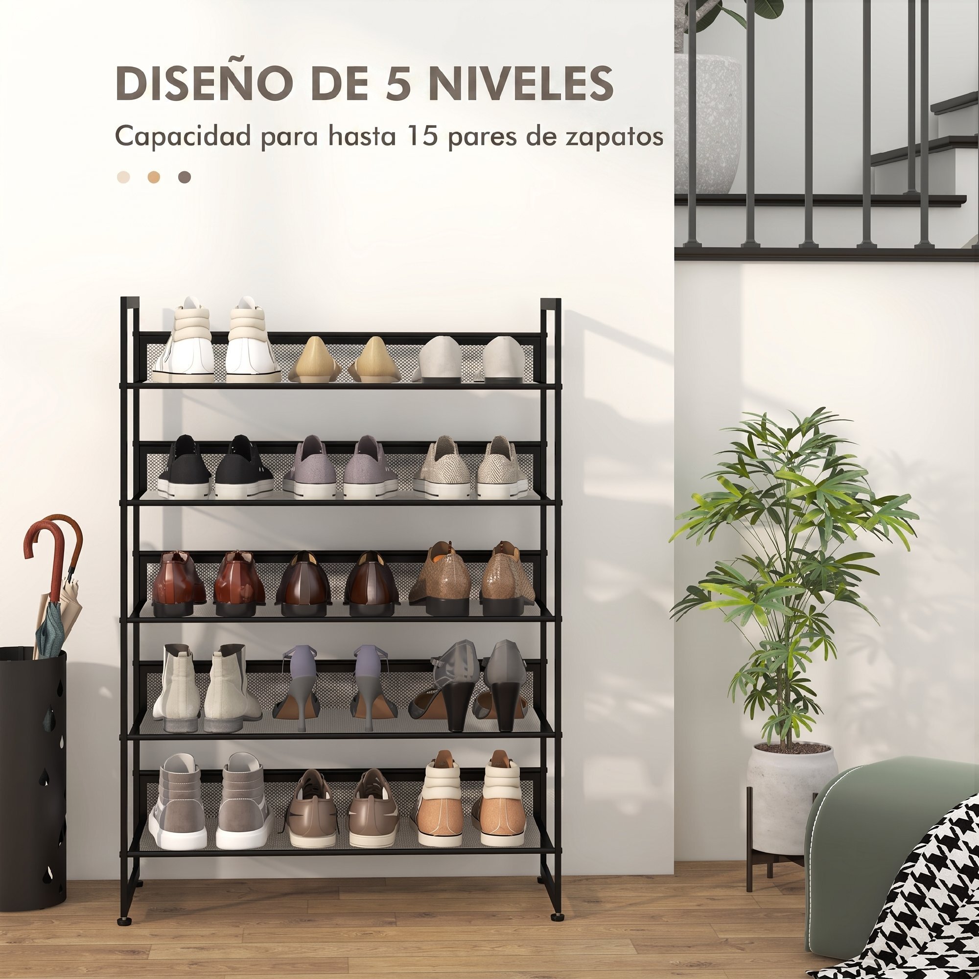 Zapatero de 5 Niveles, Zapatero Estrecho de Acero, Estantería para 15 Pares de Zapatos, para Recibidor, Entrada, Pasillo, Negro