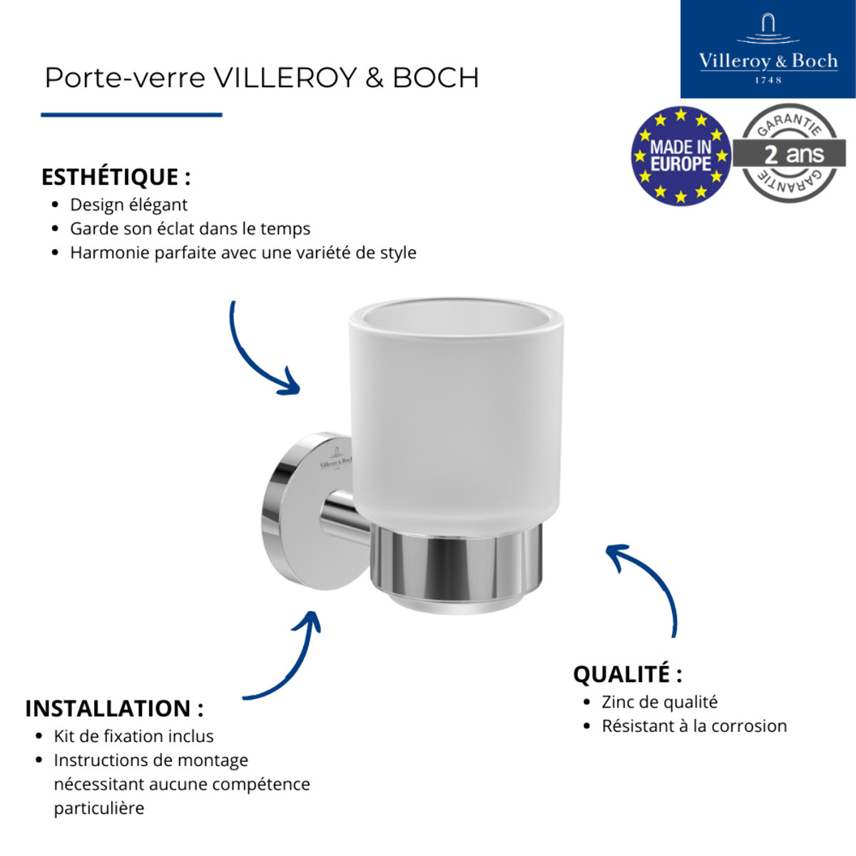 Porte-verre + Distributeur de savon + Barre porte-serviettes VILLEROY & BOCH Elements Tender