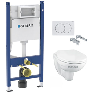 Pack WC Bati-support Geberit Duofix + Cuvette suspendue Porcher sans bride + Abattant Ideal Standard ASTOR + Plaque blanche (Por