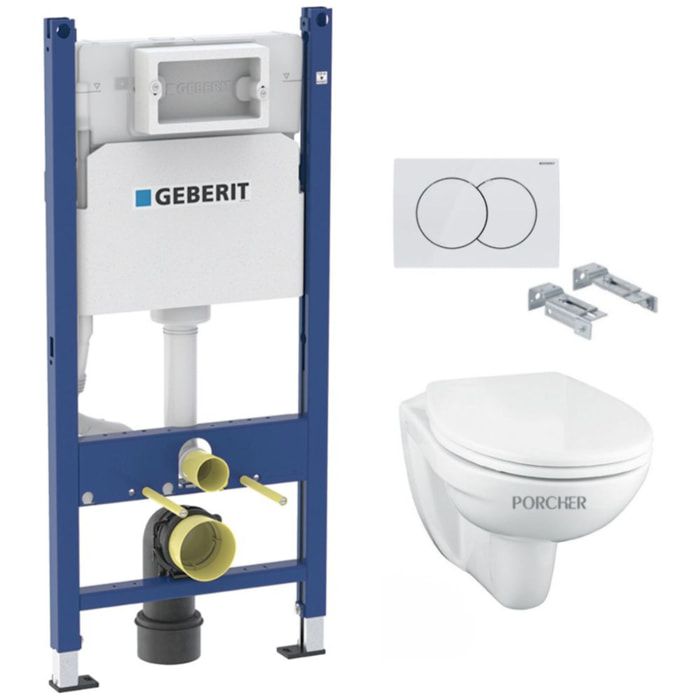 Pack WC Bati-support Geberit Duofix + Cuvette suspendue Porcher sans bride + Abattant Ideal Standard ASTOR + Plaque blanche (Por