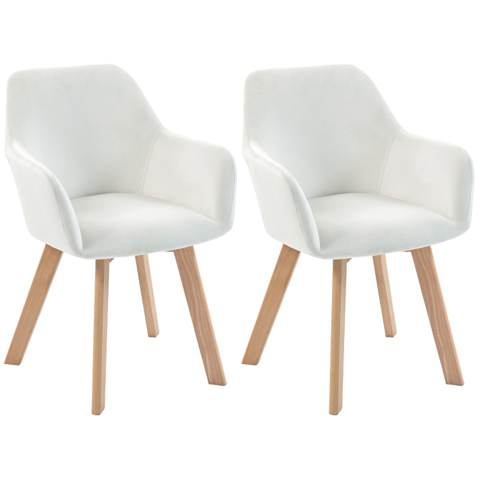 Chaises de visiteur design scandinave - lot de 2 chaises - pieds bois hévéa - assise dossier accoudoirs velours crème