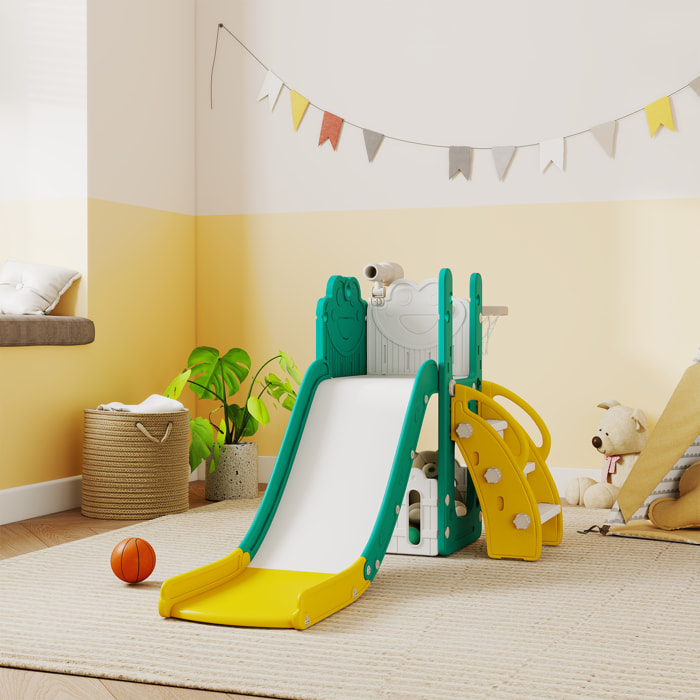Toboggan enfant design grenouille - panier de basket-ball intégré - ballon, pompe inclus - HDPE blanc jaune turquoise