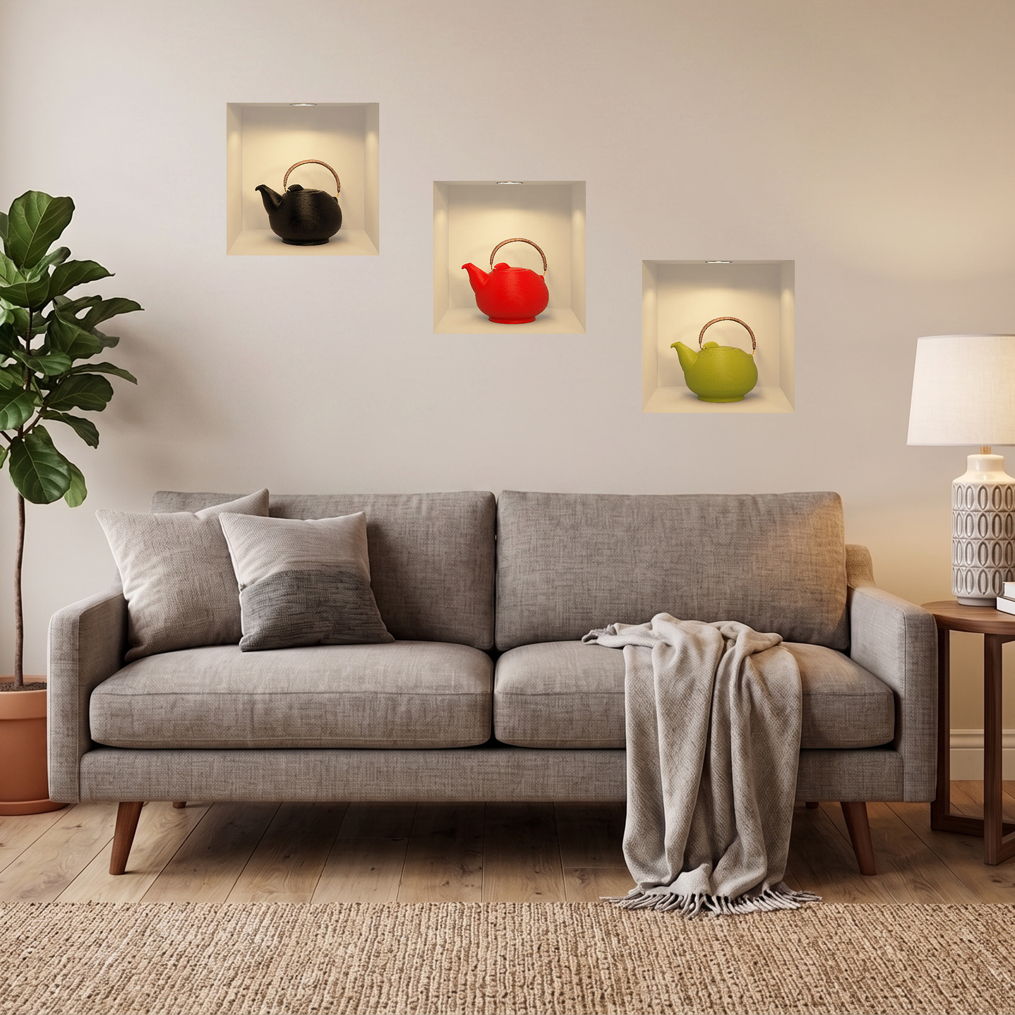 Stickers muraux 3D | Sticker Mural Autocollant effet 3D théière moderne - Stickers adhésifs 3D Chambre Salon Trompe l'oeil