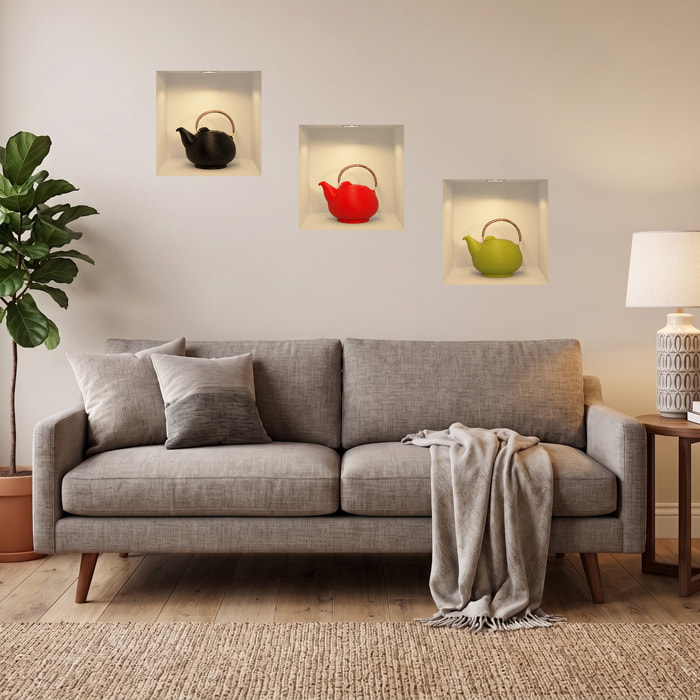 Stickers muraux 3D | Sticker Mural Autocollant effet 3D théière moderne - Stickers adhésifs 3D Chambre Salon Trompe l'oeil