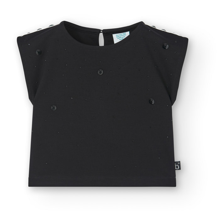 Camiseta niña, algodón lisa, cuello redondo, tirantes, negro