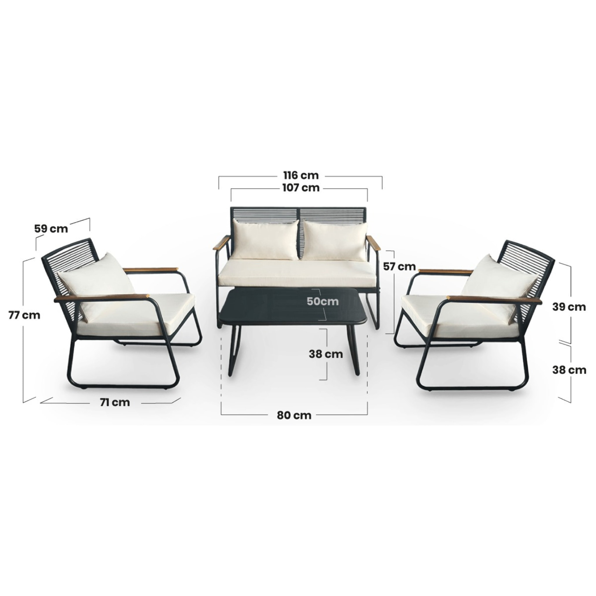 Conjunto de jardín 4 plazas, mesa centro+sofá+sillones de acero beige