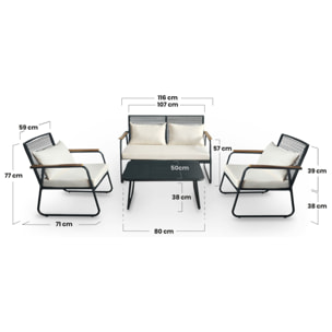 Conjunto de jardín 4 plazas, mesa centro+sofá+sillones de acero beige