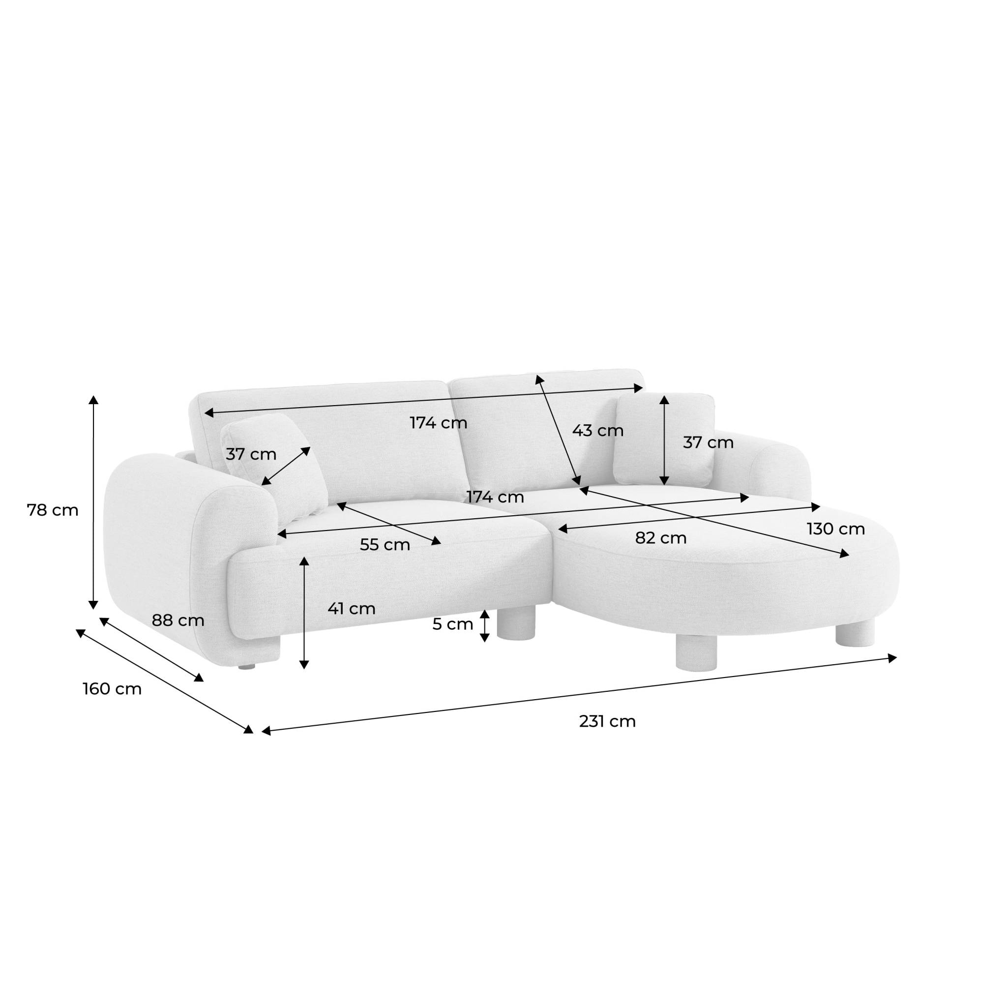 Canapé d'angle droite 3 places tissu crème. pieds ronds L 231 x P 160 / 88 cm - Zenio