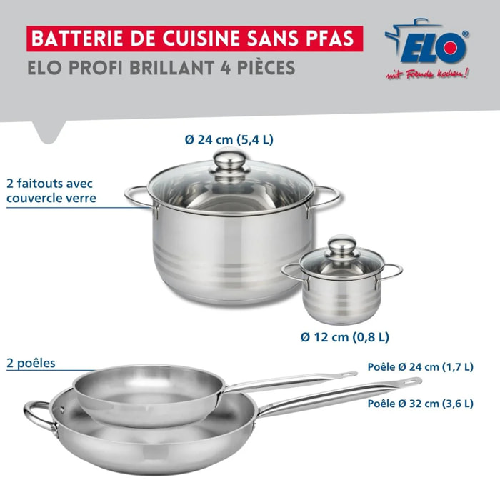 Ensemble de 2 Poêles de cuisson 24 et 32 cm et 2 faitouts 12 et 24 cm Elo Profi Brillant