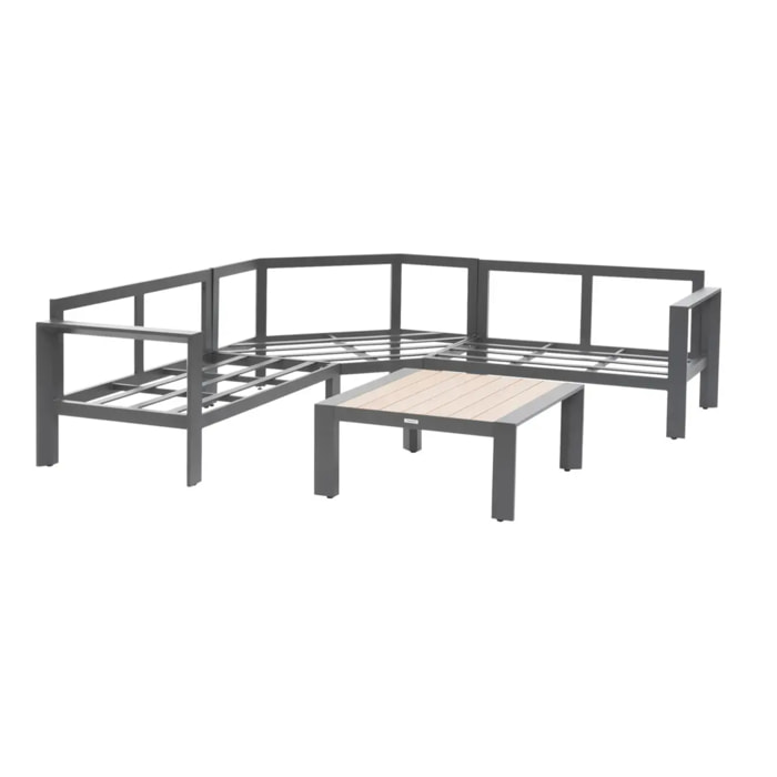 Salon d'angle de jardin "Évasion" graphite & honey 5 places en oléfine et aluminium