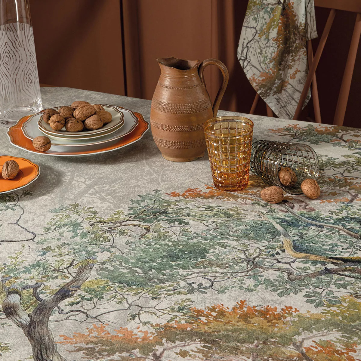 Nappe lin & coton lavé 190 g/m² imprimé beige multicolore Bois de mystere parchemin