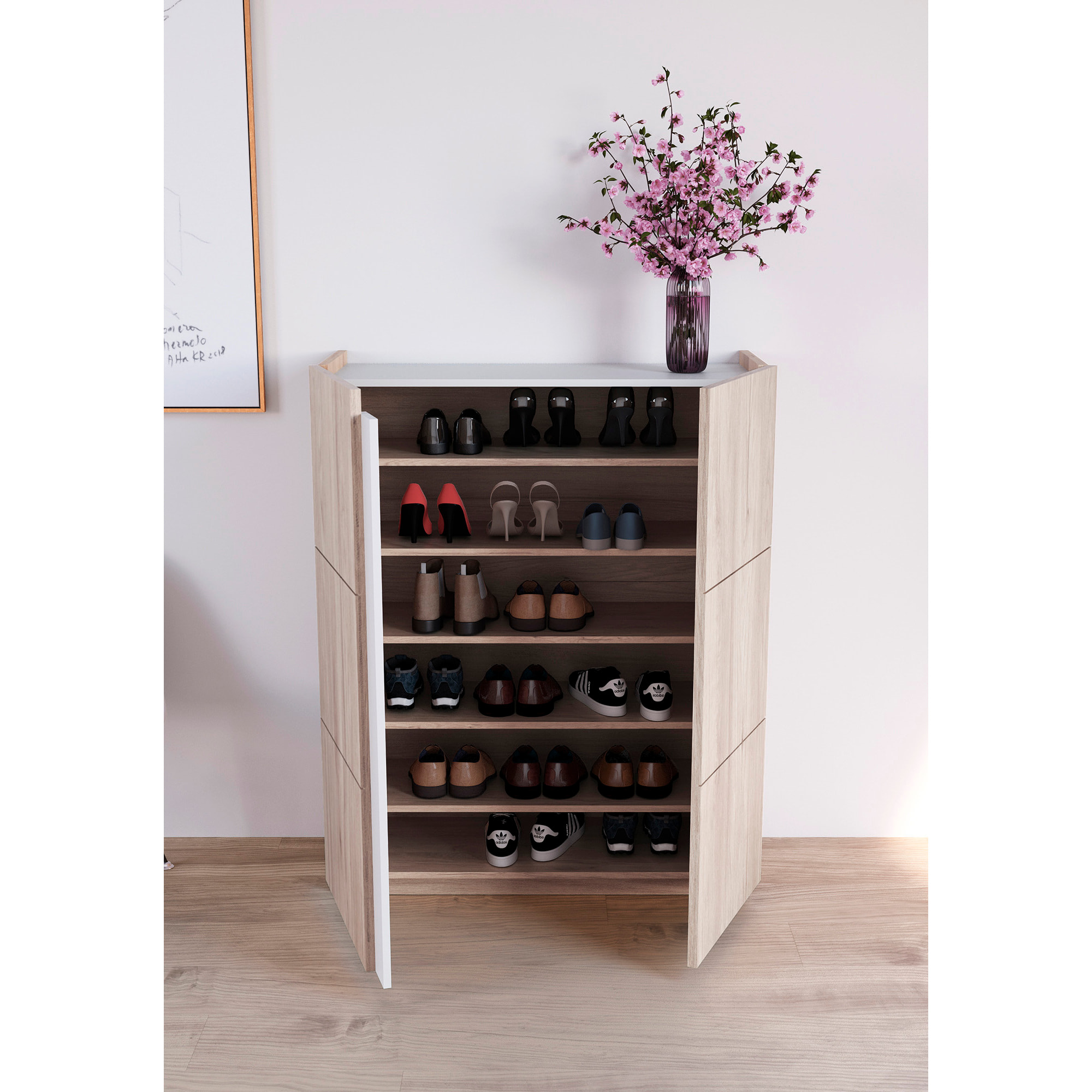 Zapatero Hessa melamina roble claro detalle blanco 122x95x35 cm